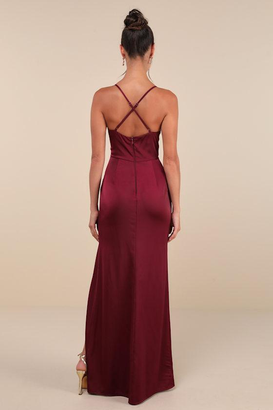 Moments of Beauty Plum Purple Satin Cowl Neck Tulip Maxi Dress Product Image