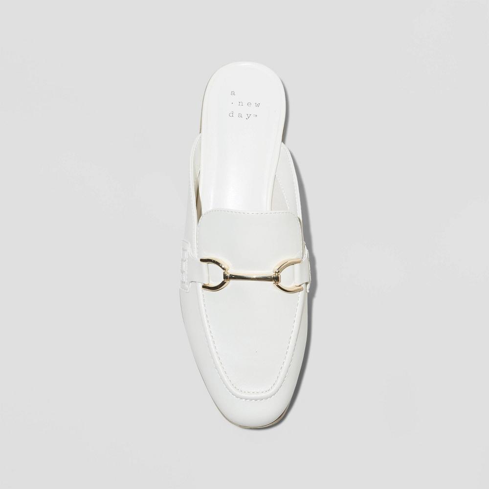 Womens Sandy Mule Flats with Memory Foam Insole - A New Day Off-White 12: Slip-On Pointed Toe, Faux Leather, Block Heel Product Image