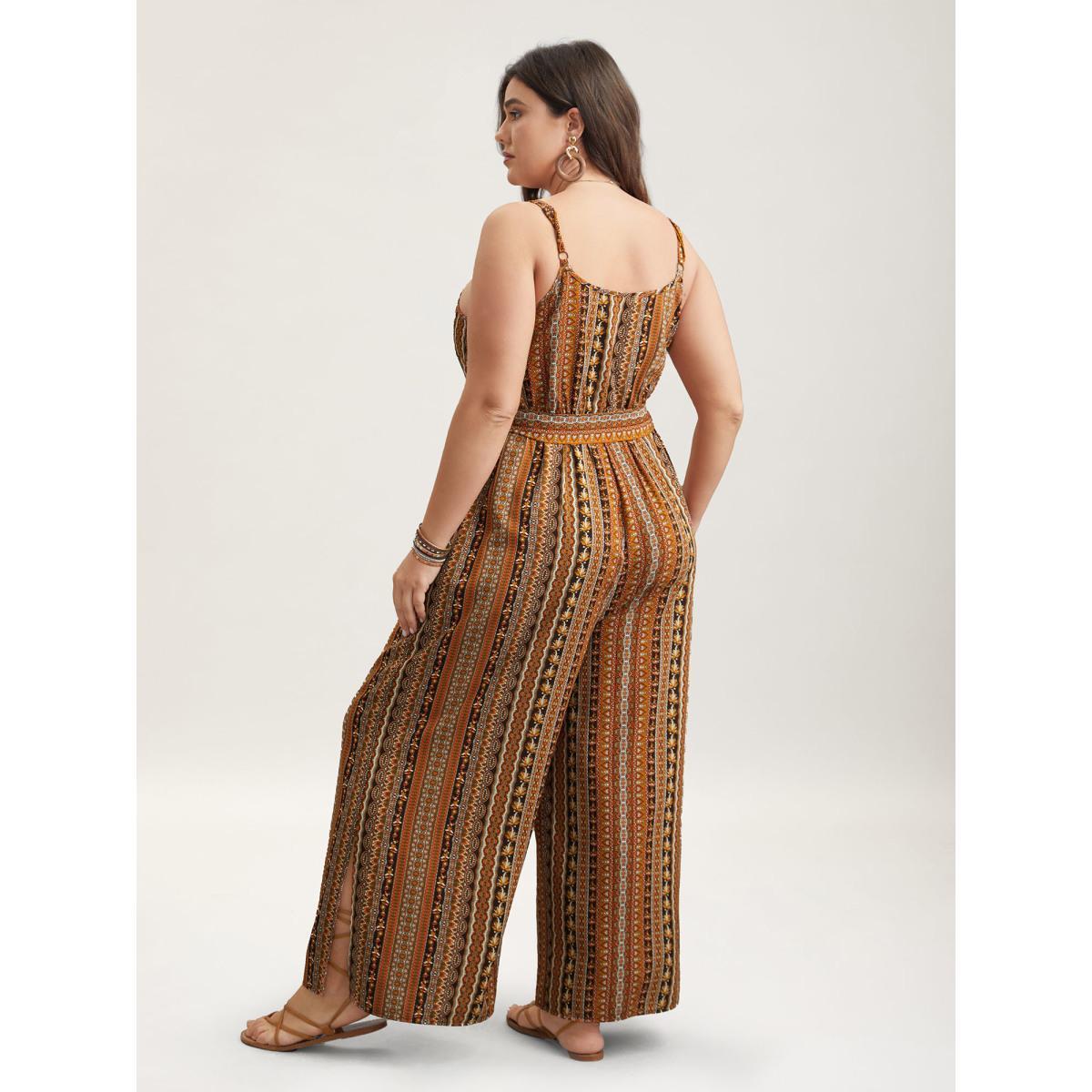 Plus Size DarkBrown Boho Stripes Belted Straight Leg Jumpsuit Women Resort Sleeveless V-neck Vacation Loose Jumpsuits BloomChic 22-24/3X Product Image