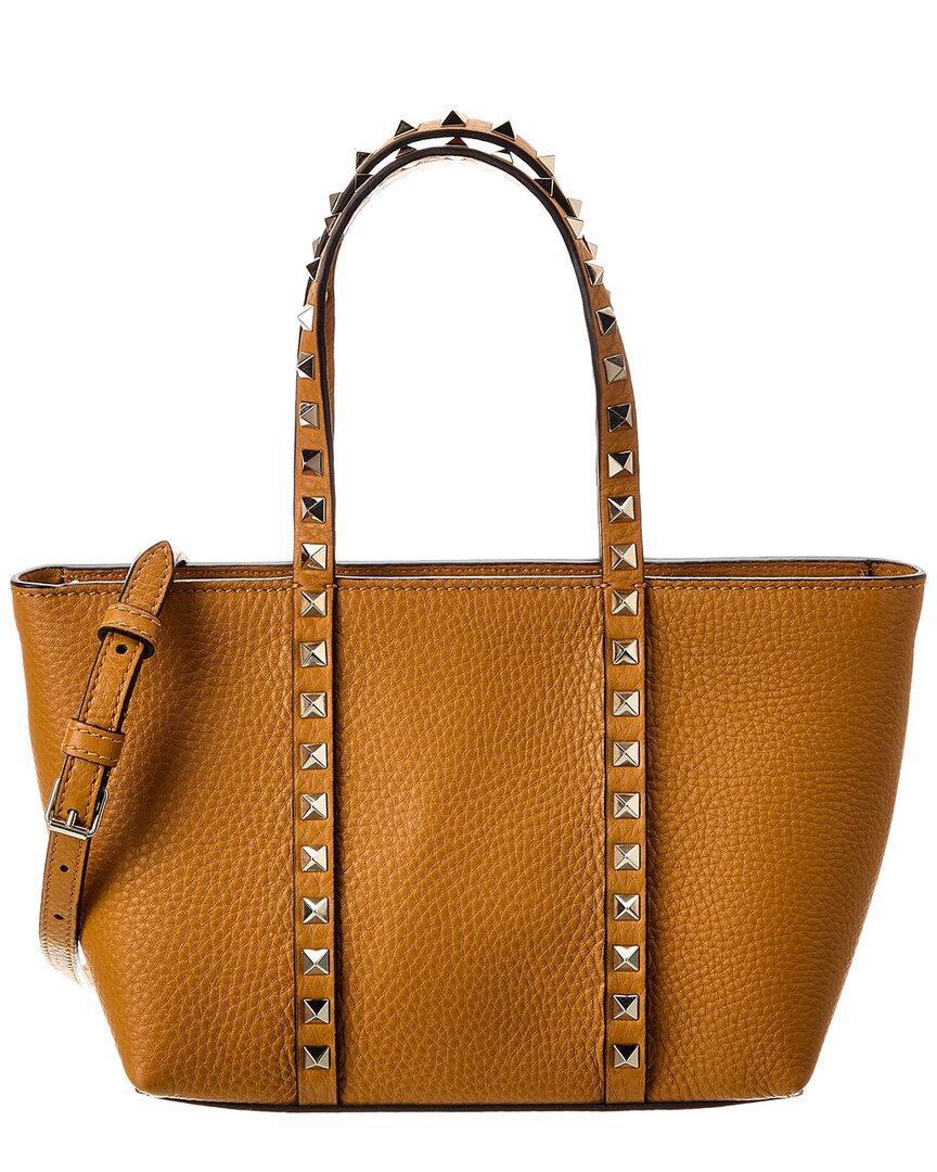 VALENTINO GARAVANI Valentino Rockstud Grainy Leather Tote In Brown Product Image