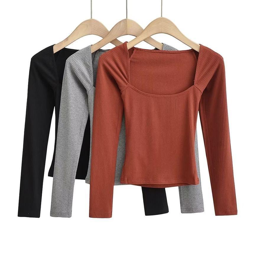 Long Sleeve Square-Neck Plain Slim-Fit Crop Top Product Image