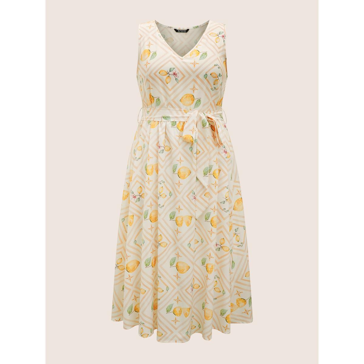 Plus Size Citrus Lemon Print Gathered Belted Tank Dress Ivory Women Elegant Belted V-neck Sleeveless Curvy Midi Dress BloomChic 10/M Product Image