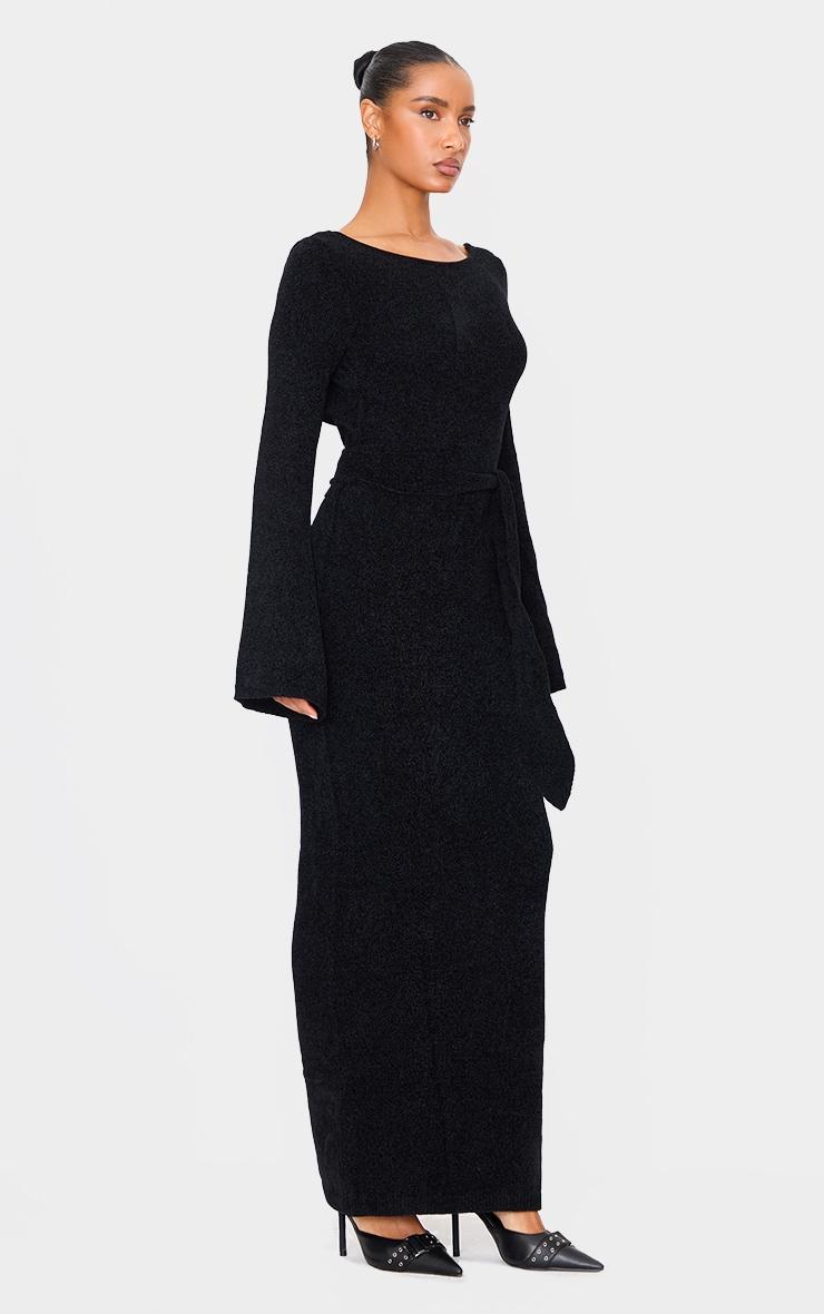 Black Soft Textured Knit Open Back Tie Waist Maxi Dress Product Image