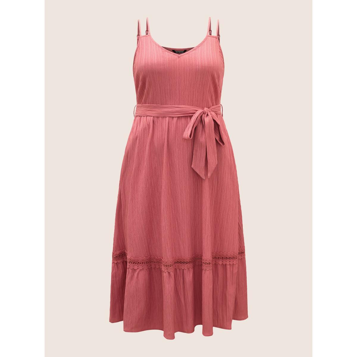 Plus Size Plain Texture Woven Ribbon Belted Dress Watermelon Women Elegant Woven ribbon&lace trim V-neck Sleeveless Curvy BloomChic 22-24/3X Product Image