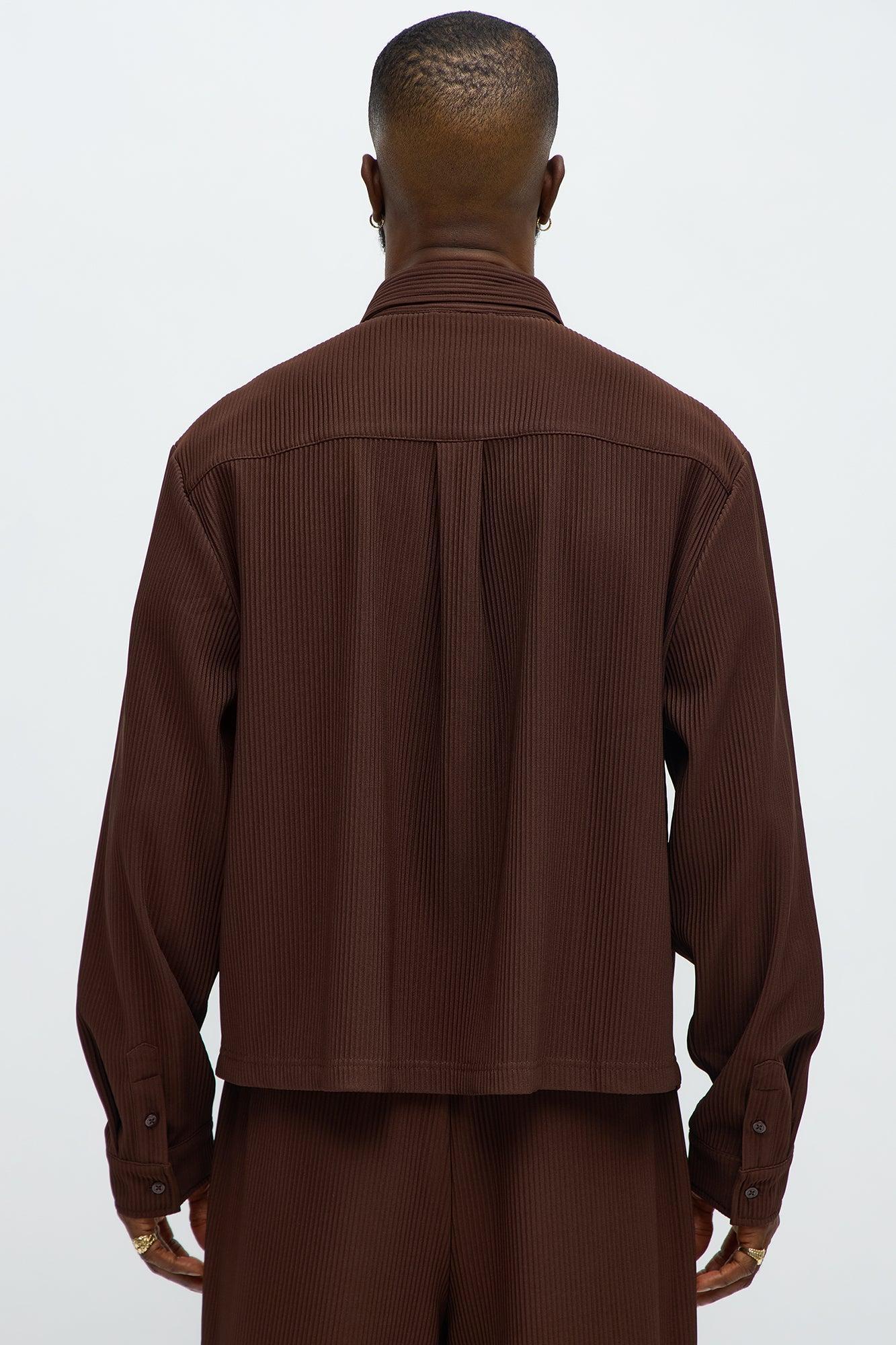 Show Up Cropped Long Sleeve Button Up Shirt - Brown Product Image
