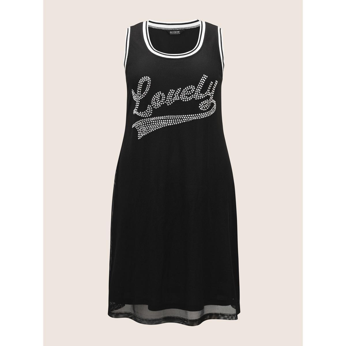 Plus Size Letter Rhinestone Mesh Patchwork Sleeveless Dress Black Women Casual Rhinestone detailing Round Neck Sleeveless Curvy BloomChic 28/5X Product Image