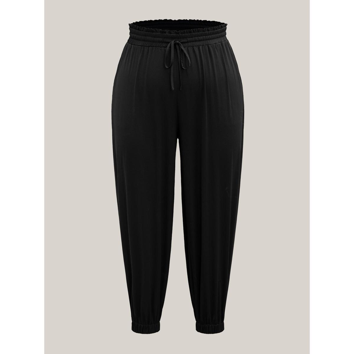 Plus Size Ruffled Waist Drawstring Tapered Pants Women Black Casual Mid Rise Everyday Pants BloomChic 14-16/1X Product Image