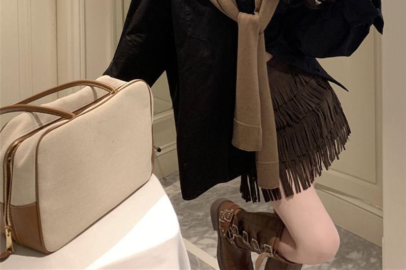 Overfit Plain Shirt / Faux-Suede Fringed Mini Skirt / Knit Shawl Product Image