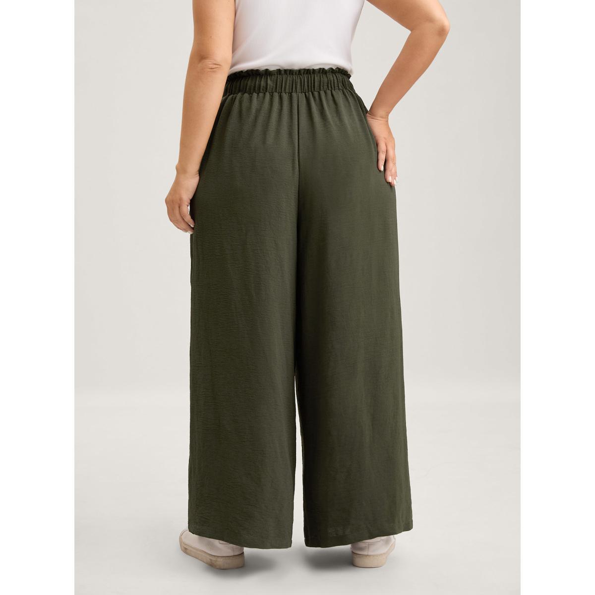 Plus Size Floral Embroidered Pockets Wide-Leg Pants Women ArmyGreen Casual Loose Mid Rise Everyday-Casual Pants BloomChic 10/M Product Image