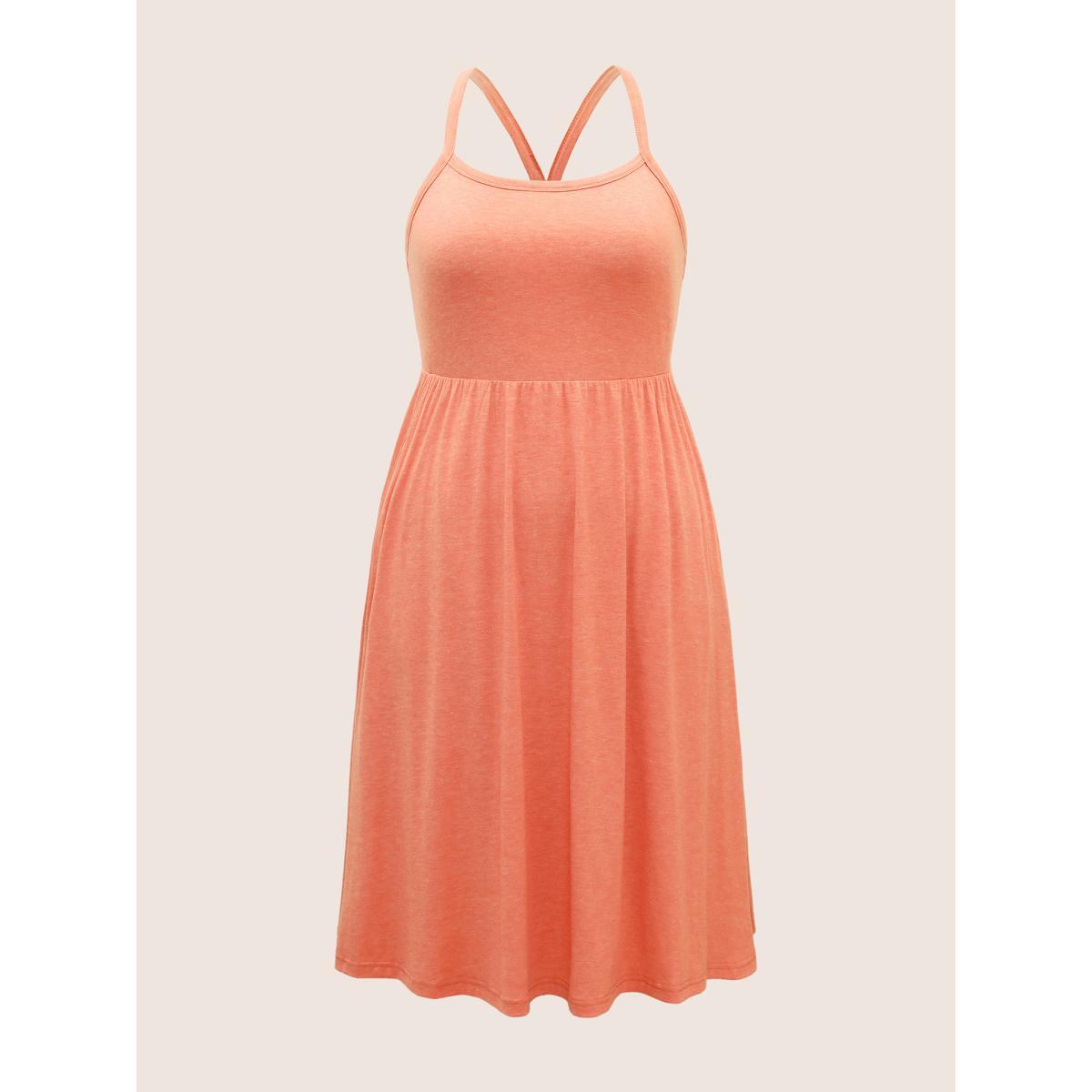 Plus Size Plain Gathered Elastic Waist Midi Cami Dress Coral Women Casual Gathered Non Sleeveless Curvy BloomChic 12/L Product Image