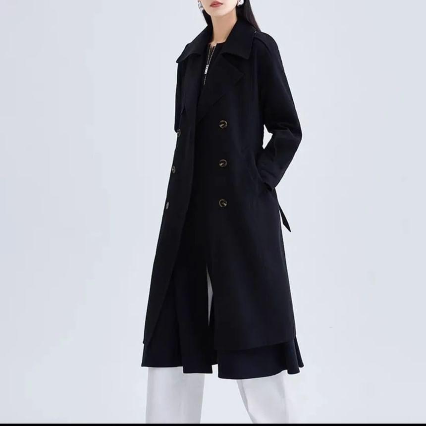 Collared Plain Midi Double Breasted Trench Coat Product Image