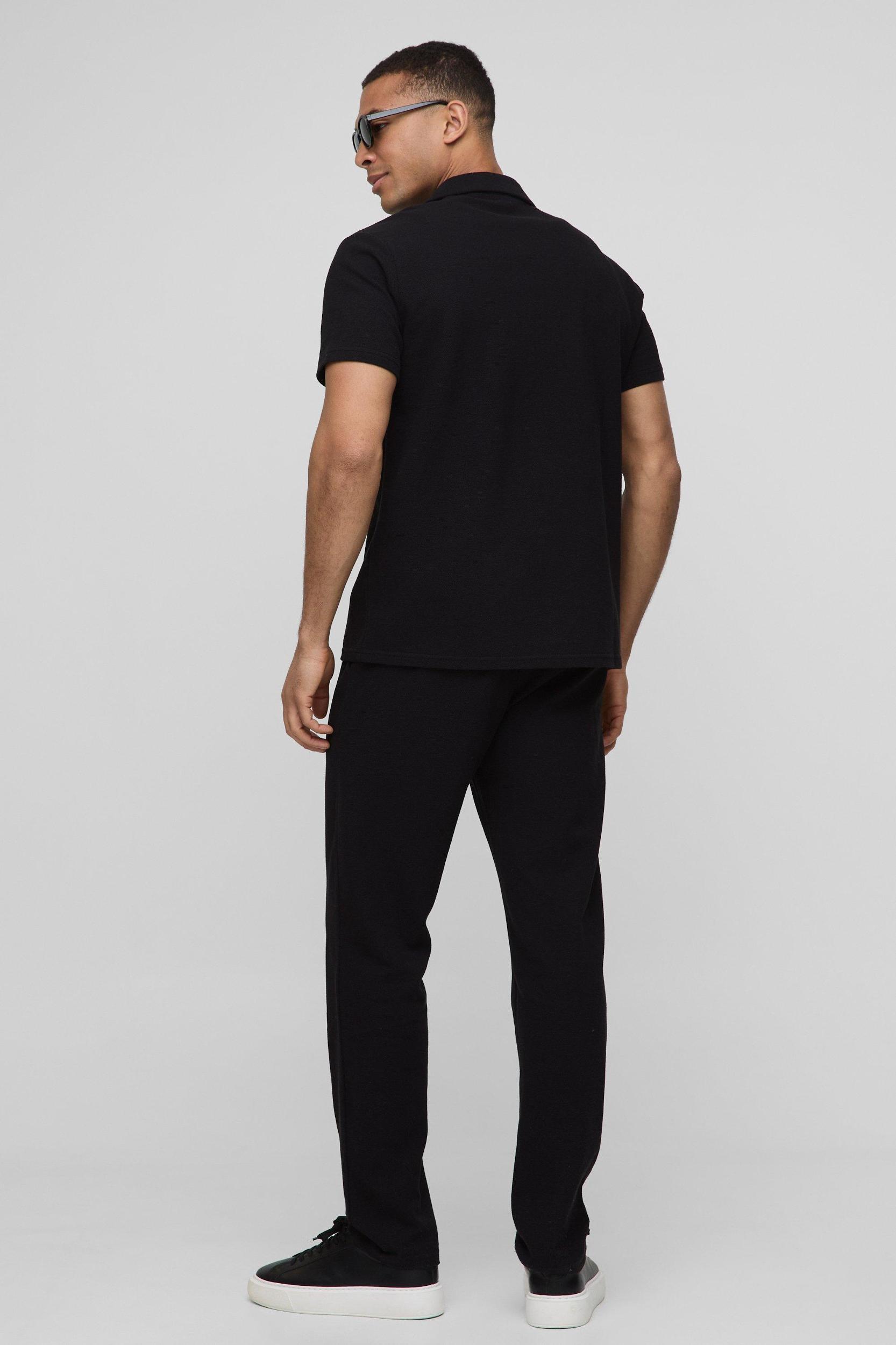 Regular Revere Short Sleeve Pique Shirt & Tapered Pants Set | boohooMAN USA Product Image