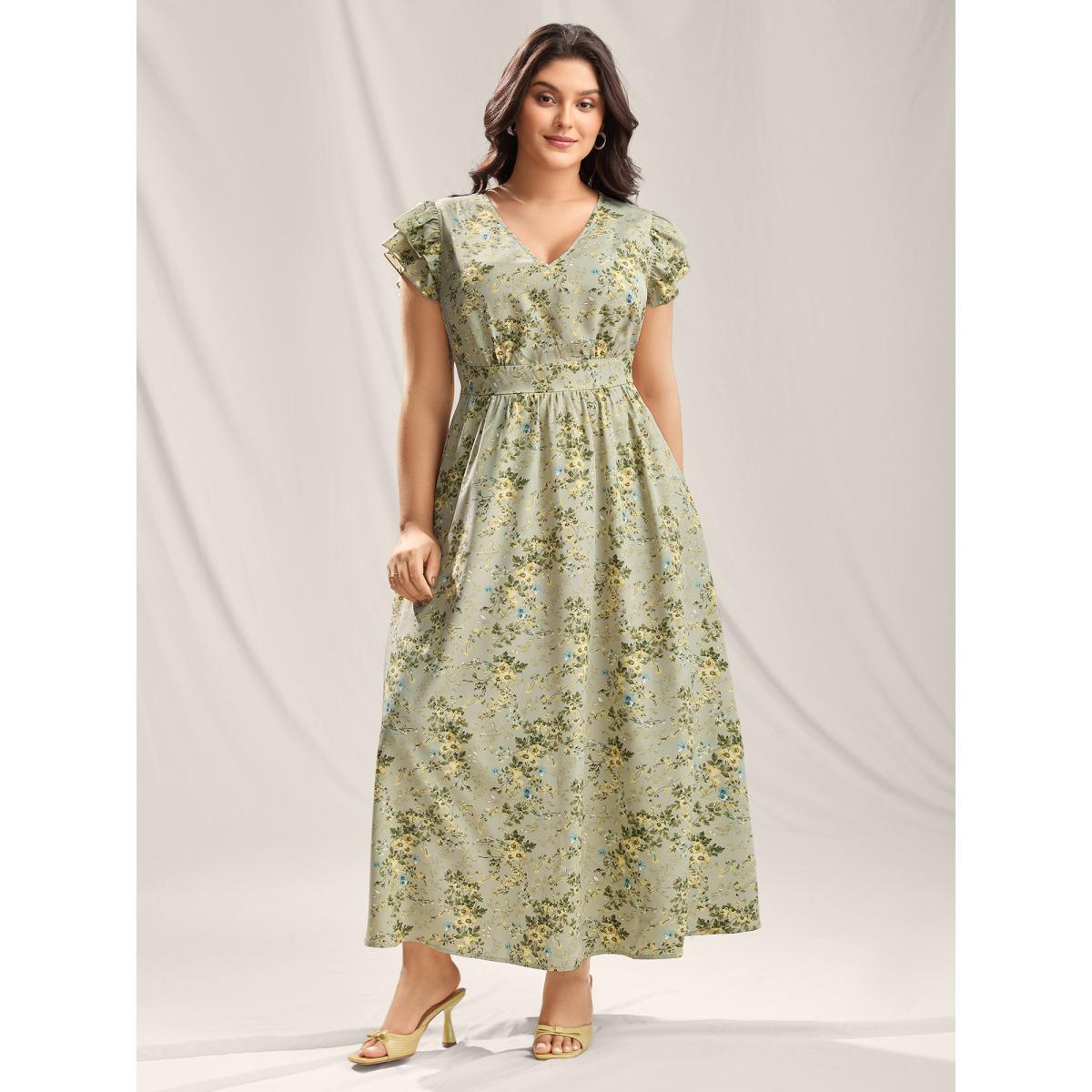 Plus Size Breezy Floral Print Flutter Sleeve Maxi Dress Sage Women V-neck Short sleeve Curvy BloomChic 14-16/1X Product Image