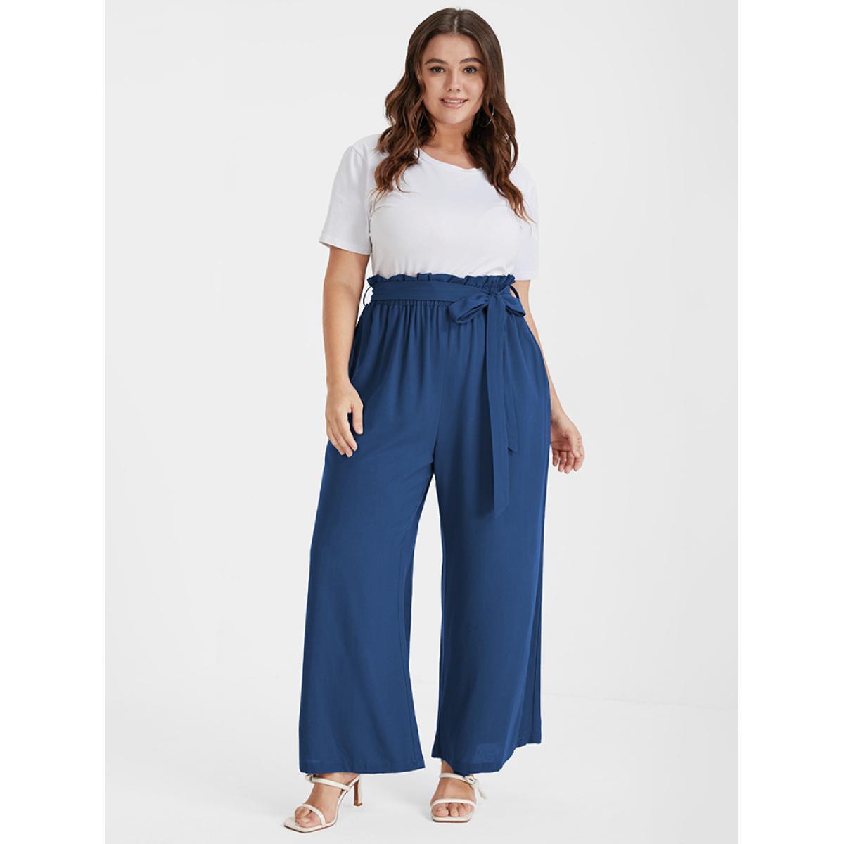 Plus Size Solid Pocket Belted Straight Pants Women DarkBlue Elegant Loose High Rise Dailywear Pants BloomChic 30/6X Product Image