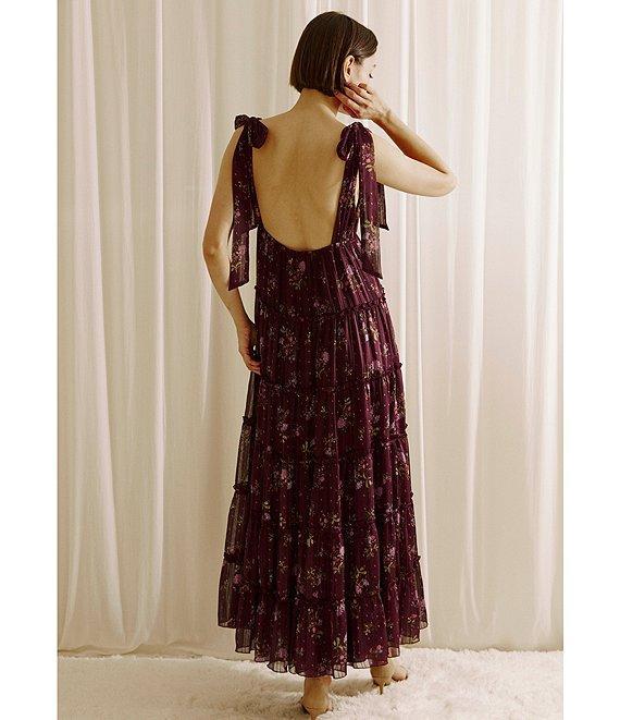 Storia Floral Print Plunge Neck Tie-Shoulder Tiered Open Back Midi Dress Product Image