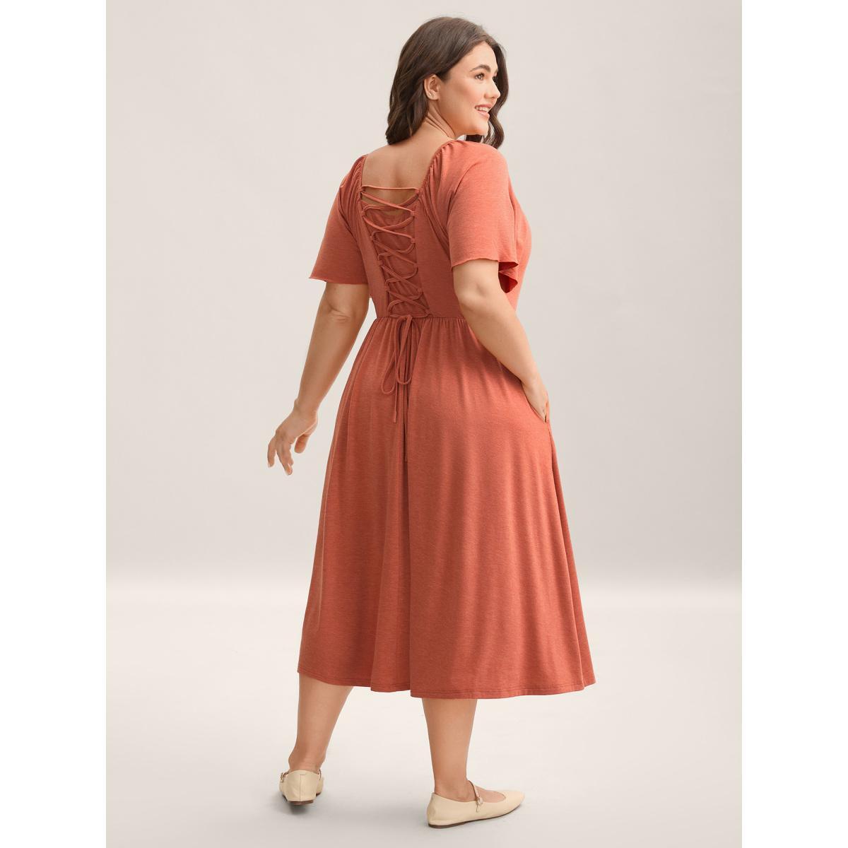 Plus Size Stretchy Shirred Back Tie-Up Midi Dress OrangeRed Women Knit Dresses Bloomchic 12/L Product Image