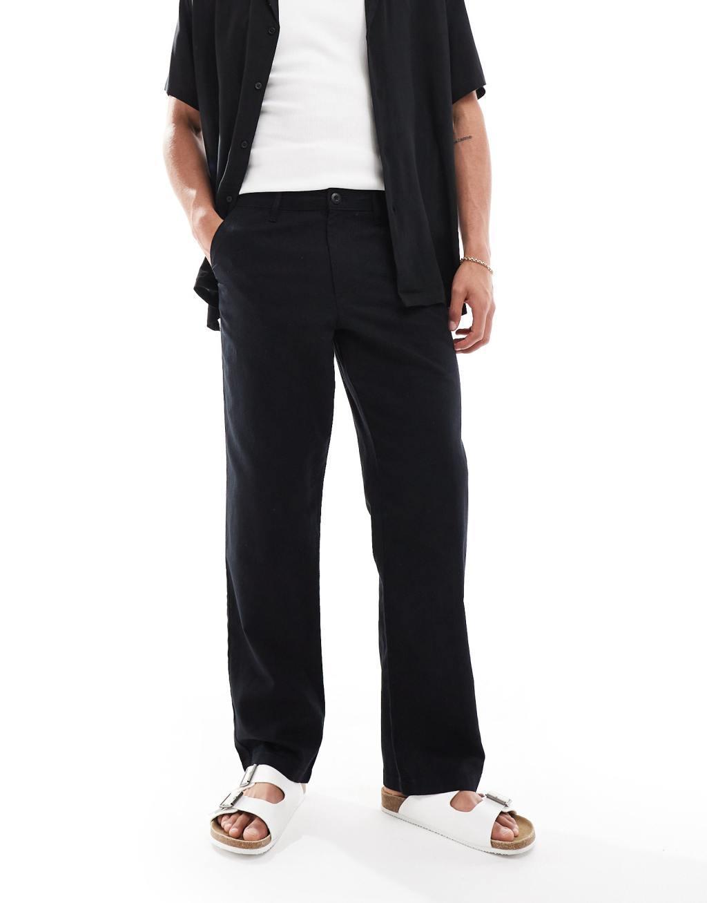 ASOS DESIGN relaxed linen chinos in black Product Image