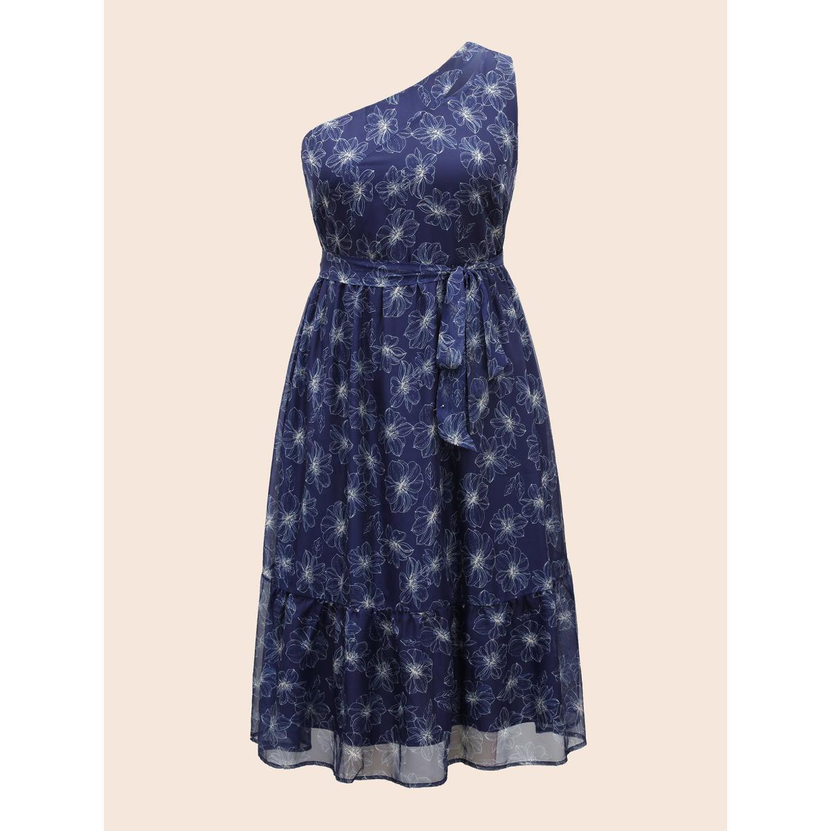 Plus Size Floral Asymmetrical Neck Mesh Belted Dress DarkBlue Women Cocktail See through Party Curvy Bloomchic 10/M Product Image