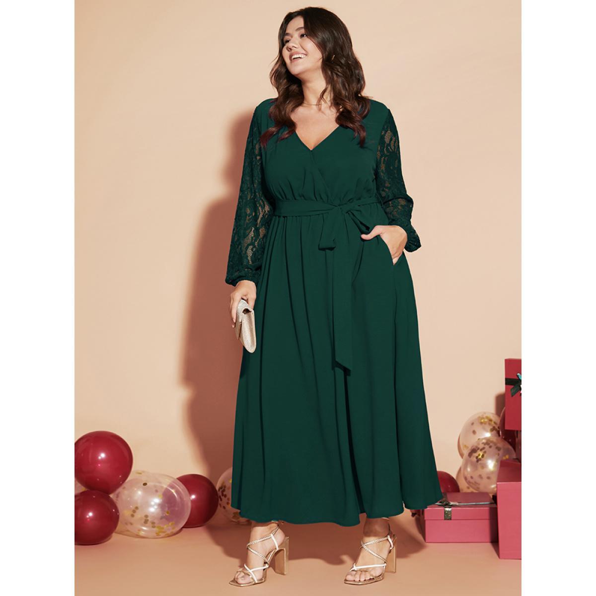 Plus Size Solid Wrap Pocket Lantern Sleeve Lace Belted Maxi Dress DarkGreen Women Elegant V-neck Long Sleeve Curvy Long Dress BloomChic 12/L Product Image