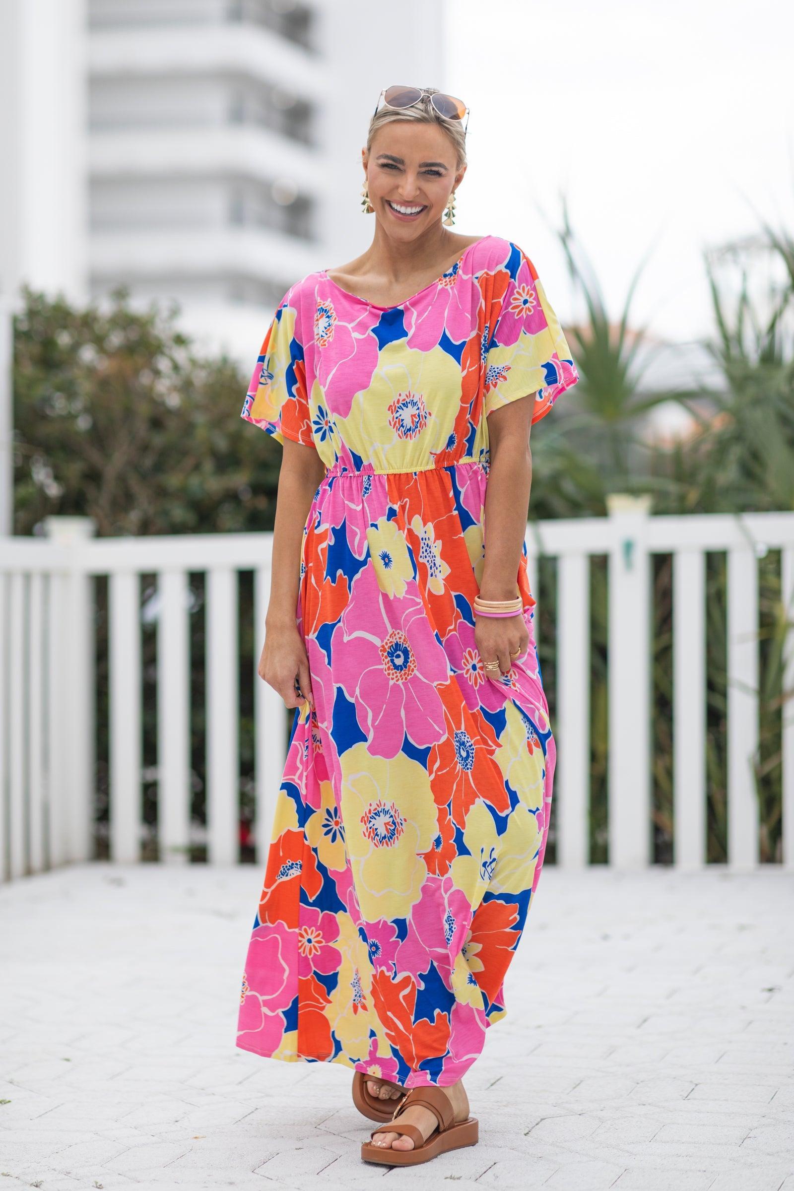 Pink Flower Print Boat Neck Maxi Dress Product Image