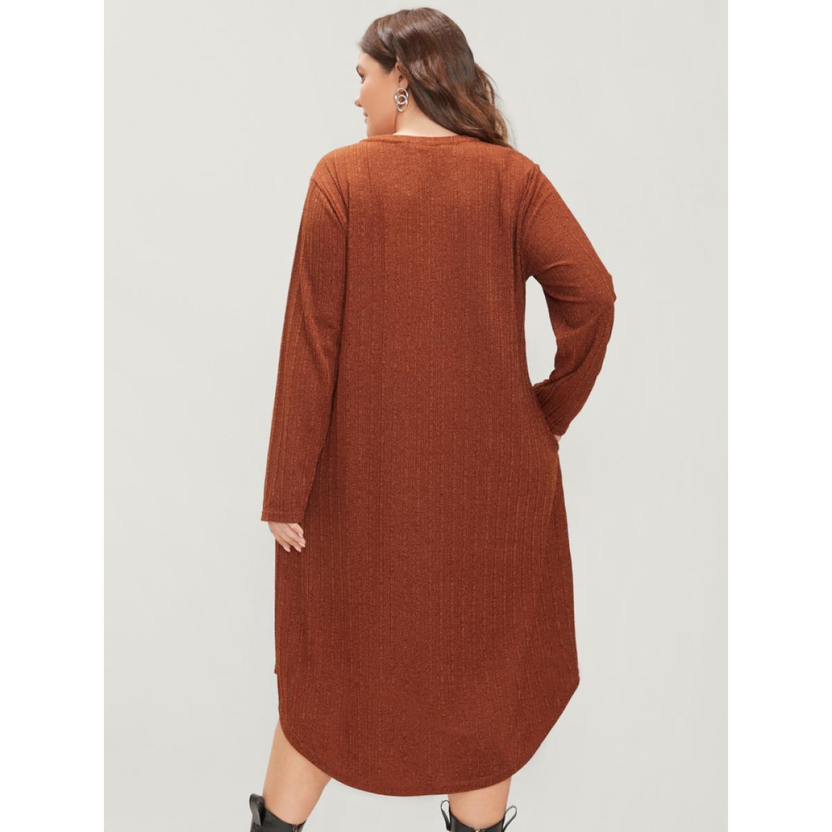 Plus Size Solid Pocket Lace Up Arc Hem Dress Without Belt Rust Women Elegant Cross straps V-neck Long Sleeve Curvy Midi Dress BloomChic 28/5X Product Image