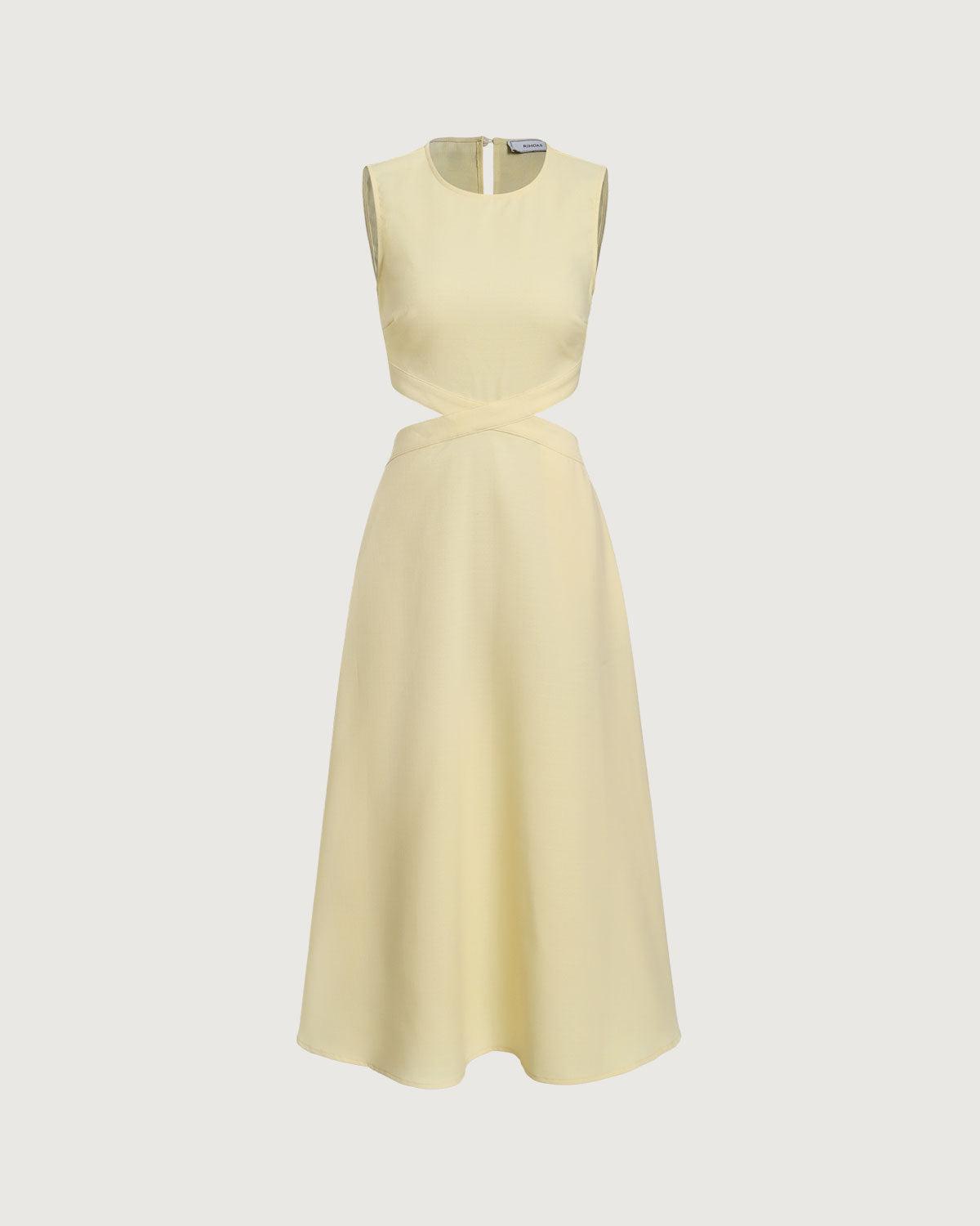Yellow Round Neck Cut-Out Midi Dress Product Image