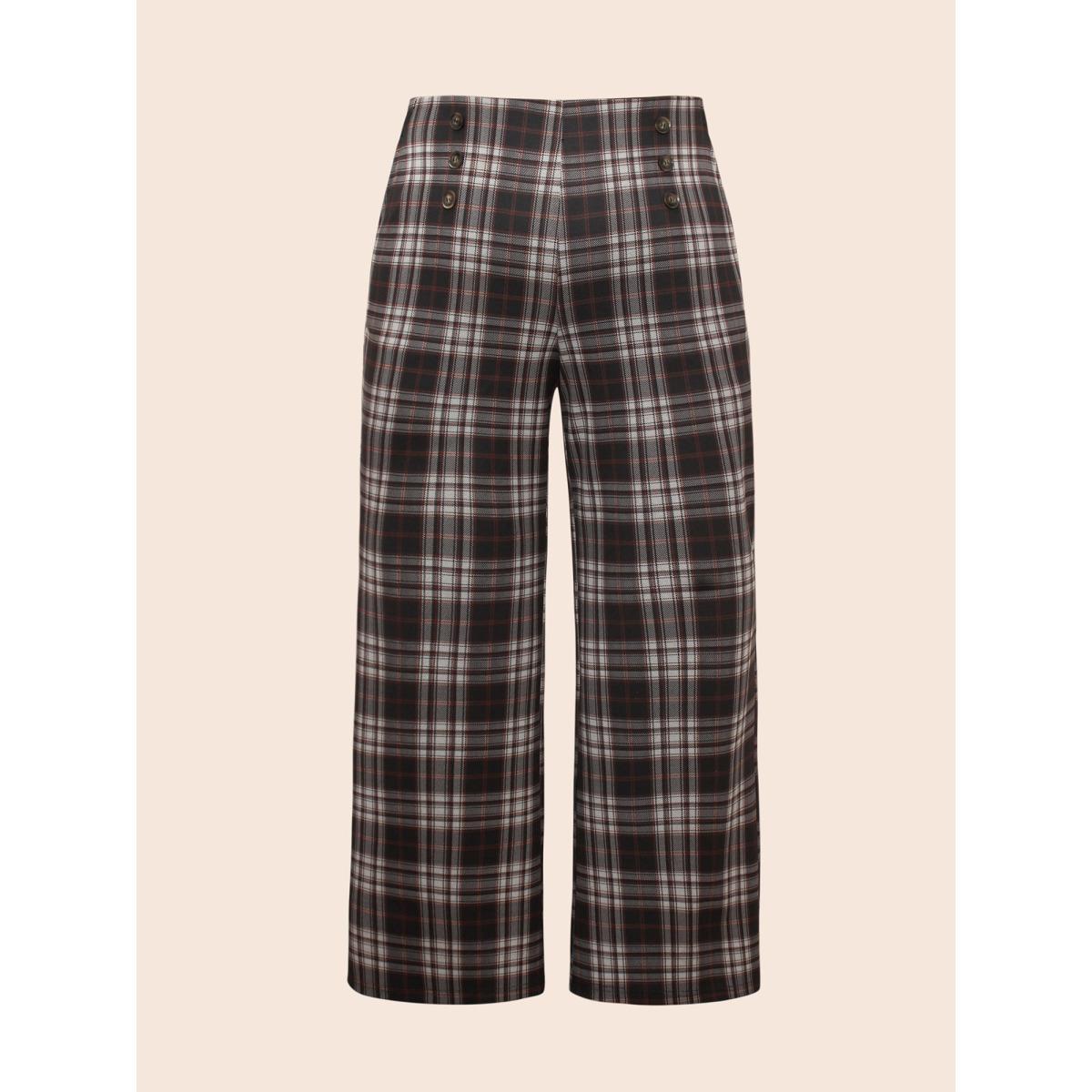 Plus Size Plaid Button Detail Mid Rise Pants Women Black At the Office Wide Leg Mid Rise Work Pants BloomChic 14-16/1X Product Image