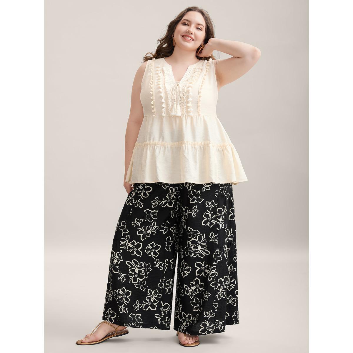 Plus Size Floral Shirred Waist Wide-Leg Pants Women BlackFlower Resort Wide Leg Mid Rise Vacation Pants BloomChic 18-20/2X Product Image