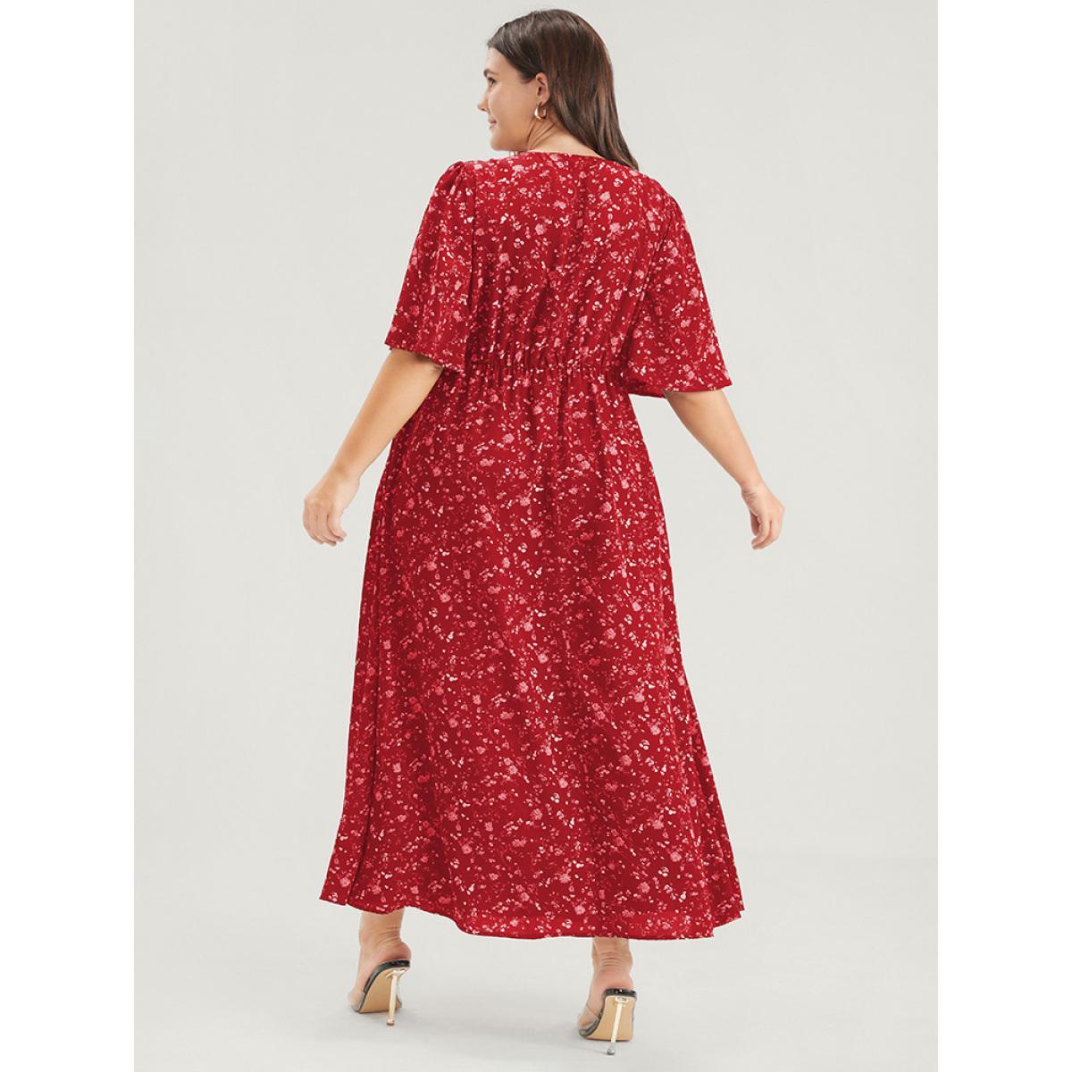 Plus Size Floral Print Split Pocket Wrap Button Ruffled Maxi Dress Red Women Elegant Printed V-neck Half Sleeve Curvy Maxi Dress BloomChic 14-16/1X Product Image