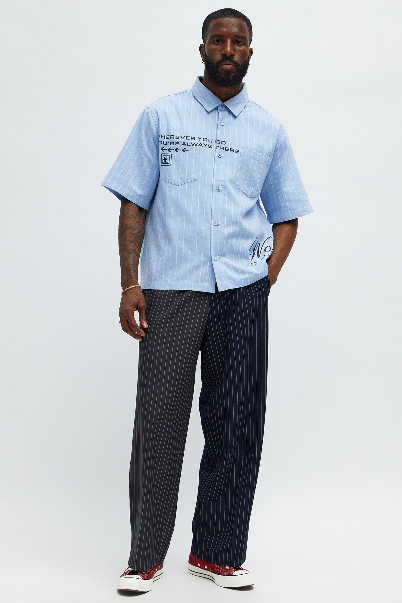 Worldwide Striped Cropped Button Up Shirt - Light Blue Product Image