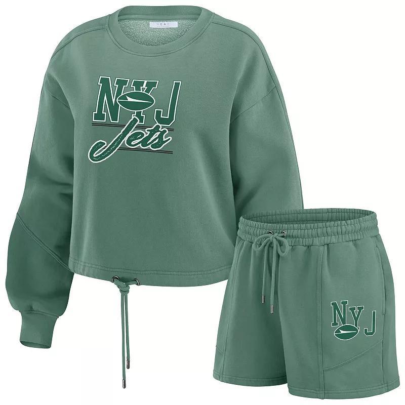 Women's WEAR by Erin Andrews Green New York Jets Washed Fleece Long Sleeve T-Shirt & Shorts Lounge Set, Size: Large Product Image