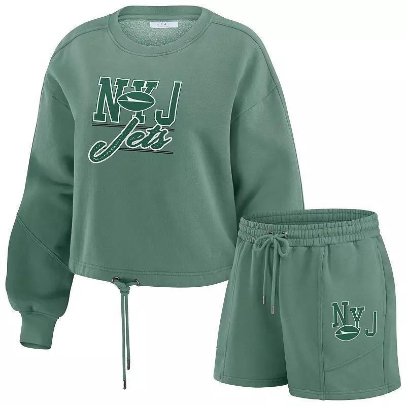 Women's WEAR by Erin Andrews Green New York Jets Washed Fleece Long Sleeve T-Shirt & Shorts Lounge Set, Size: Large Product Image