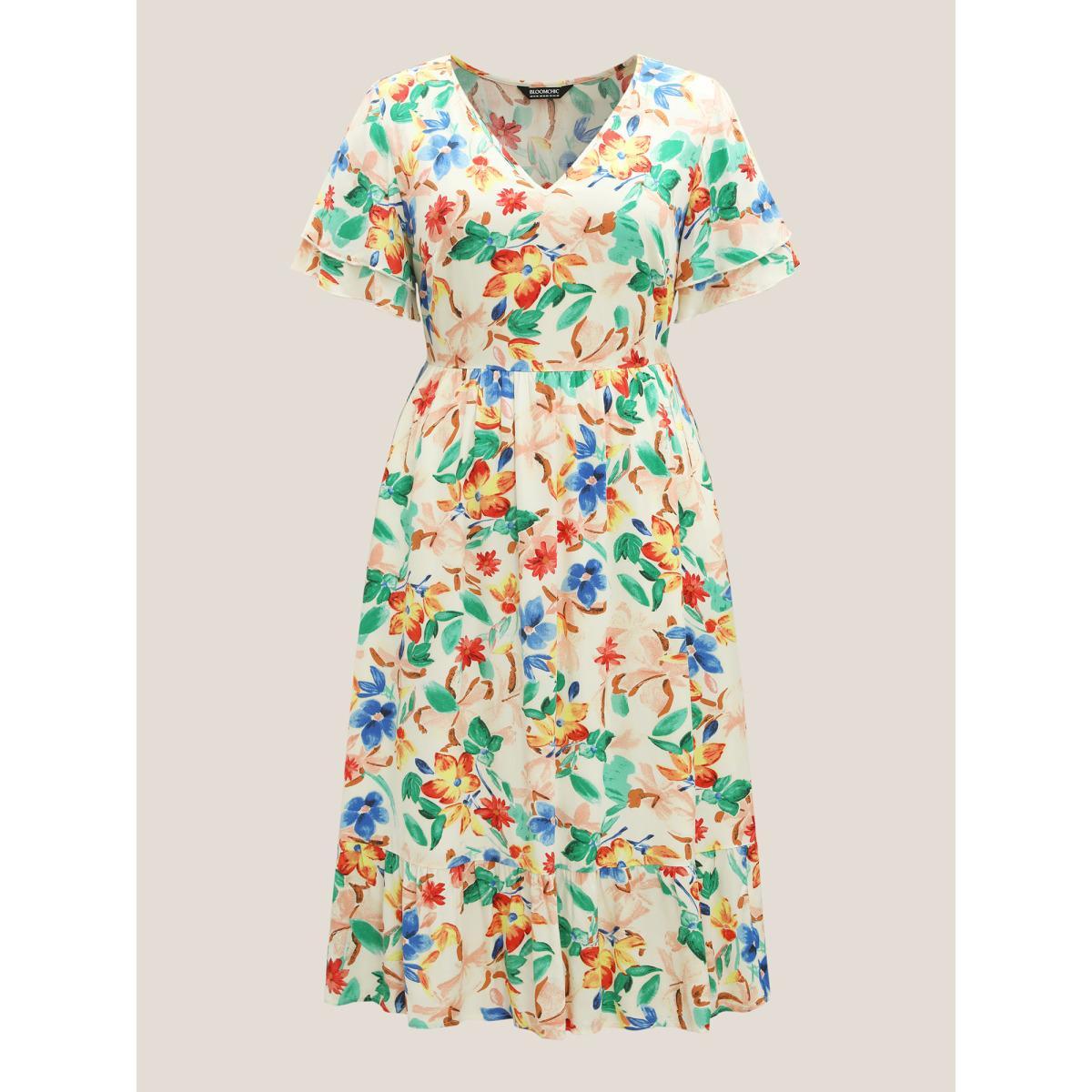 Plus Size Sunkissed Florals Pockets Midi Dress Apricot Women V-neck Short sleeve Curvy BloomChic 26/4X Product Image