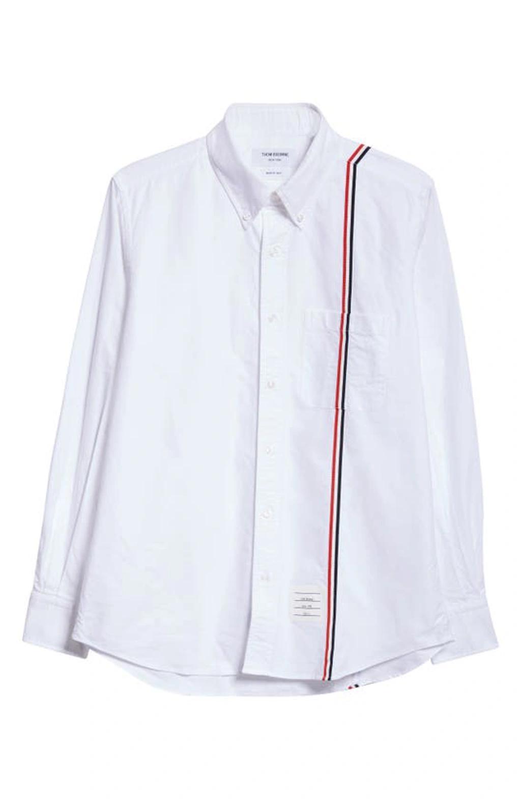THOM BROWNE Long-sleeved Poplin Shirt With Signature Stripes In White Product Image