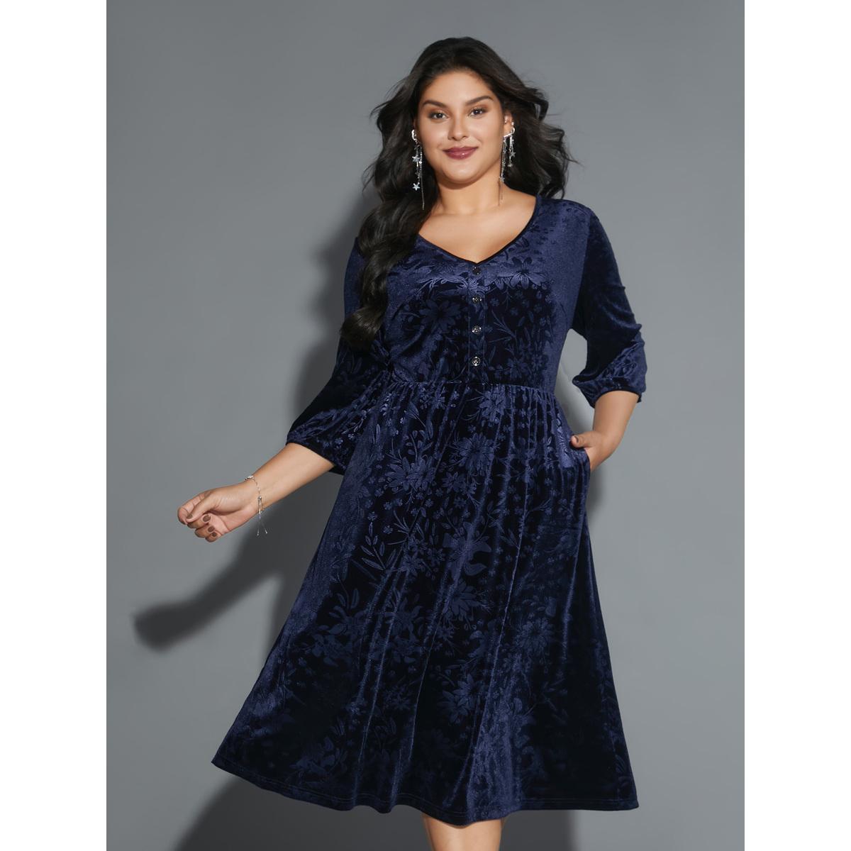 Plus Size Velvet Button Detail V-Shaped Neck Dress DarkBlue Women Cocktail Texture V-neck Elbow-length sleeve Curvy BloomChic 14-16/1X Product Image
