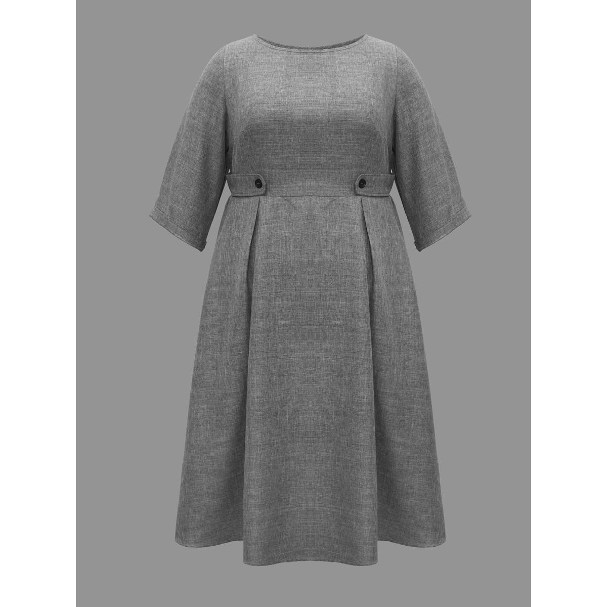 Plus Size Buckled Waist Loops Pleated Midi Dress DarkGray Women At the Office Pleated Boat Neck Elbow-length sleeve Curvy BloomChic 22-24/3X Product Image
