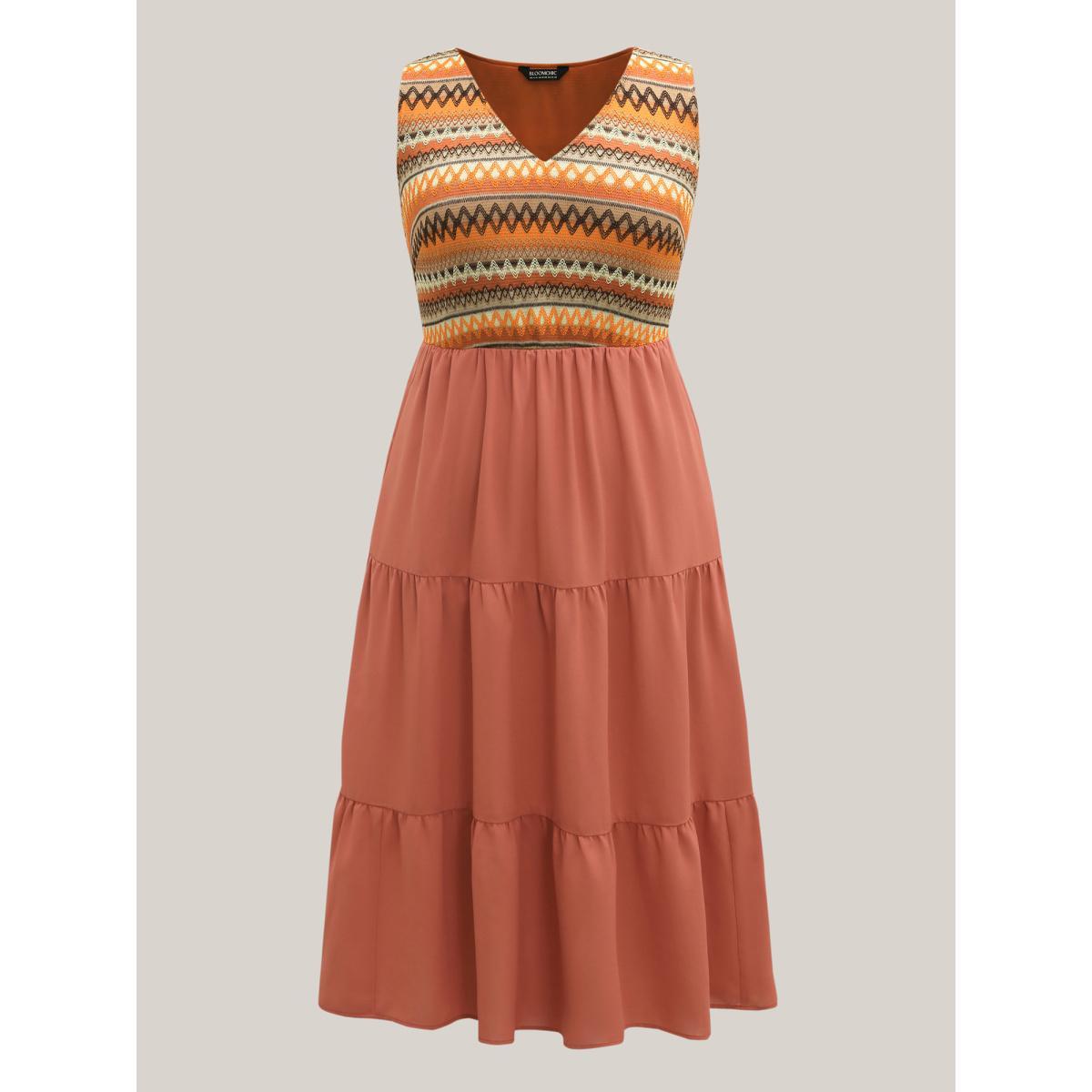 Plus Size Boho Stripes V-Neck Pockets Midi Dress Coral Women V-neck Sleeveless Curvy BloomChic 18-20/2X Product Image
