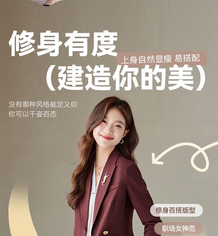 Peak Lapel Plain Asymmetrical One-Buttoned Blazer / Mid Rise Flared Dress Pants / Long-Sleeve V-Neck Blouse / Set Product Image