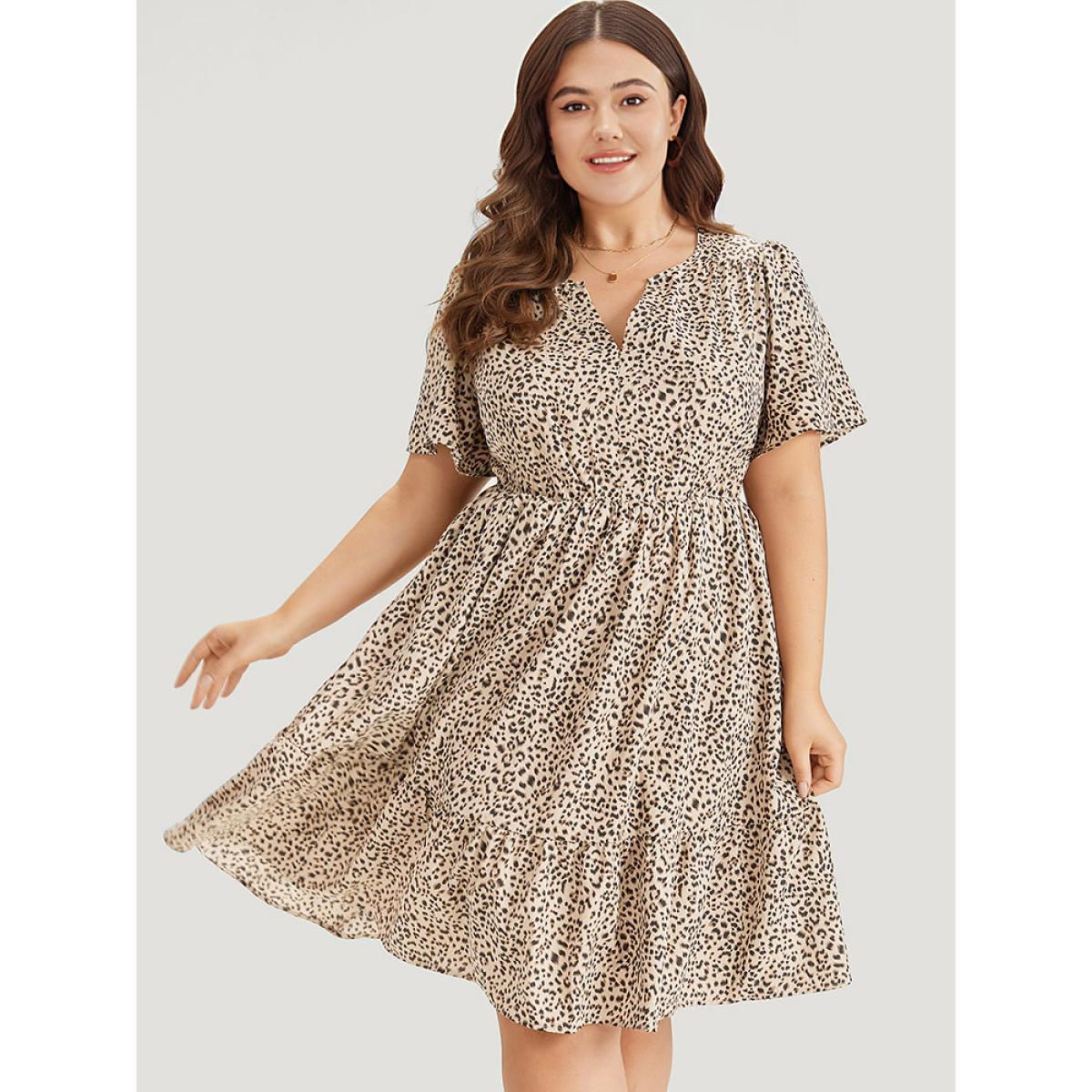 Plus Size Leopard Notched Pocket Gathered Ruffle Layered Hem Dress LightBrown Women Elegant Notched collar Short sleeve Curvy Knee Dress BloomChic 28/5X Product Image