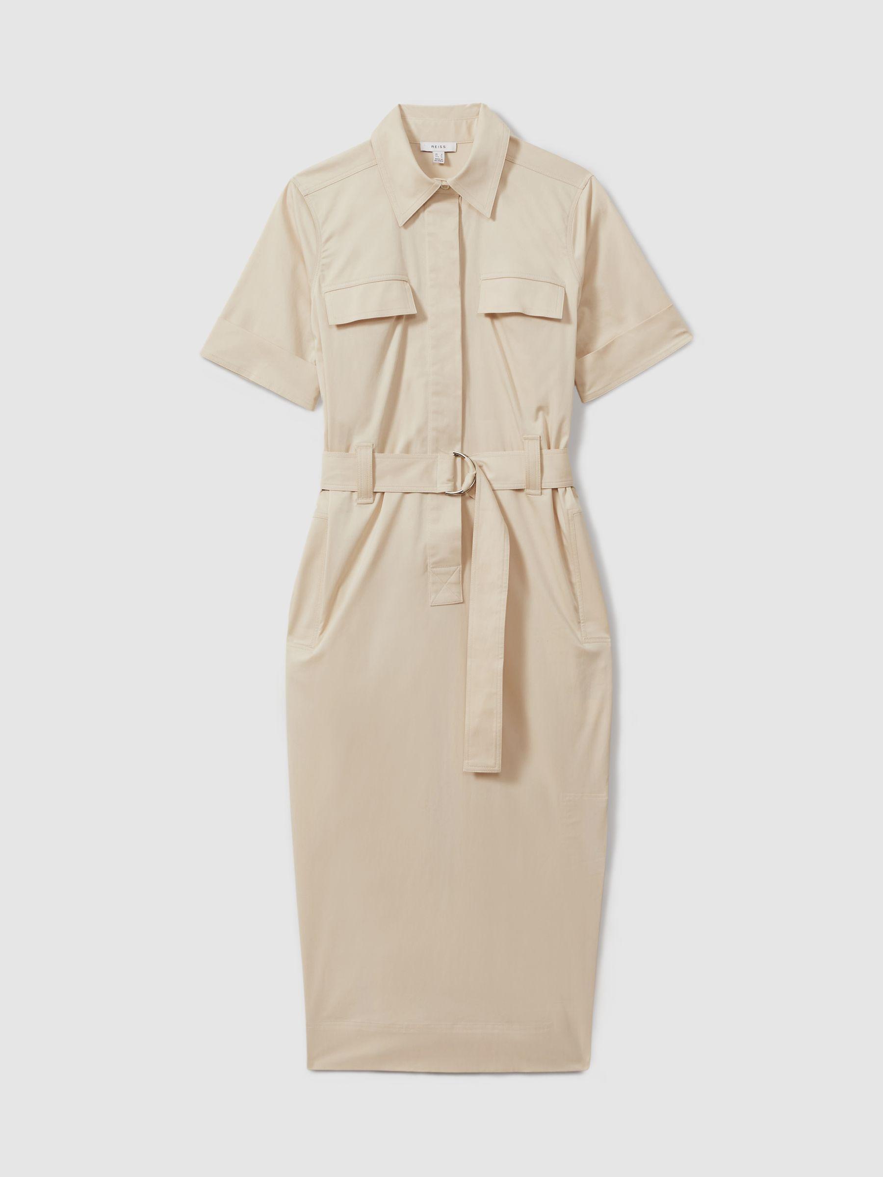Cotton Blend Utility Belted Midi Dress in Stone Product Image