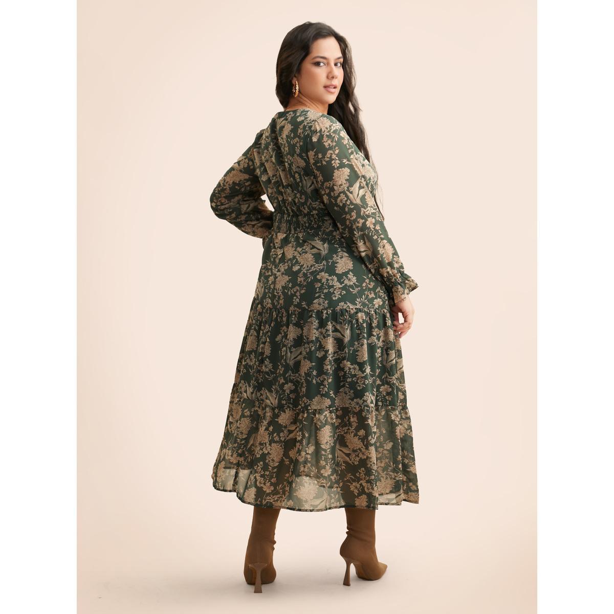 Plus Size Floral Shirred Ruffles See Through Dress ArmyGreen Women Elegant See through Flat collar with V-notch Long Sleeve Curvy BloomChic 26/4X Product Image