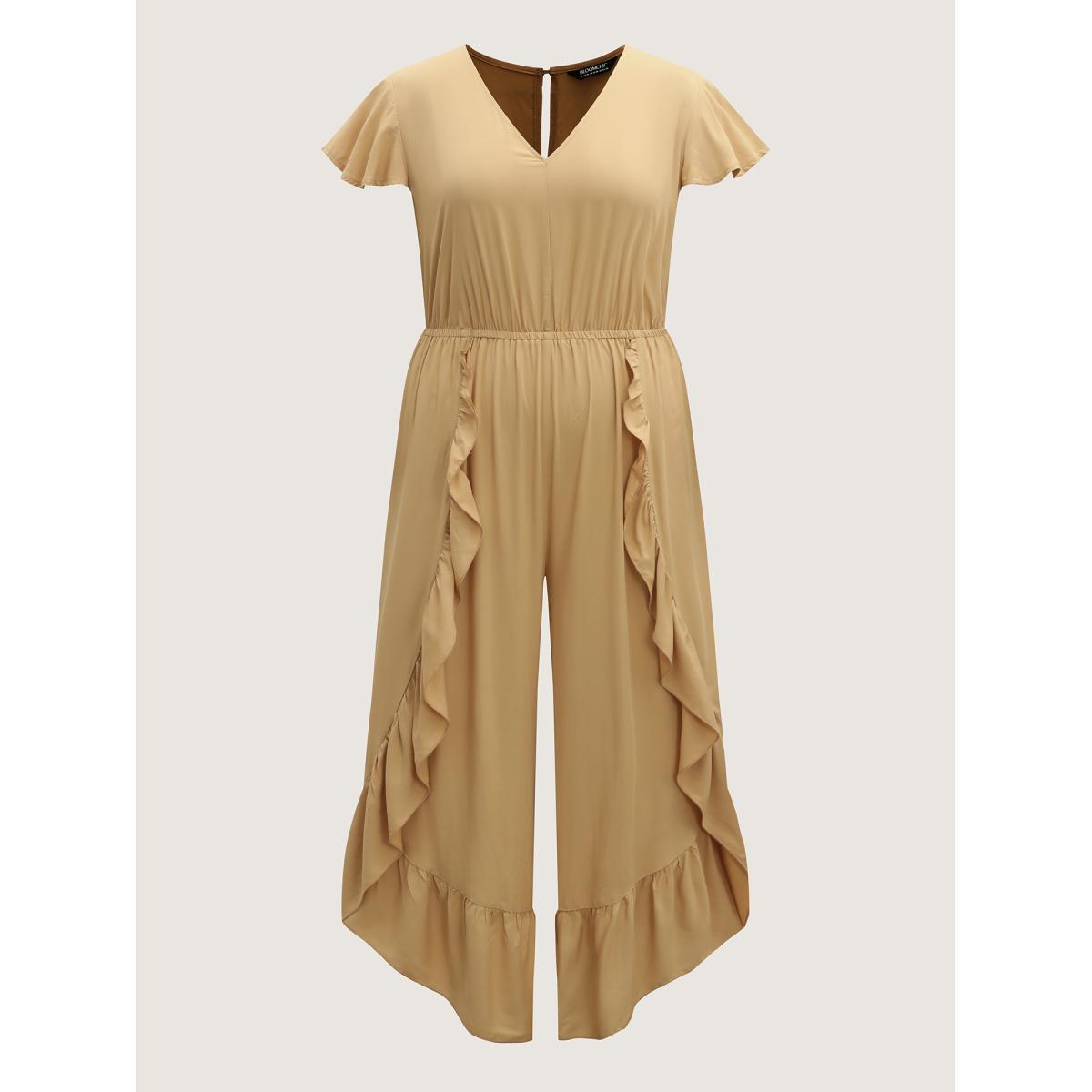 Plus Size Tan Ruffled Asymmetrical Hem Stretchy Jumpsuit Women Cap Sleeve V-neck Vacation Loose Jumpsuits BloomChic 30/6X Product Image