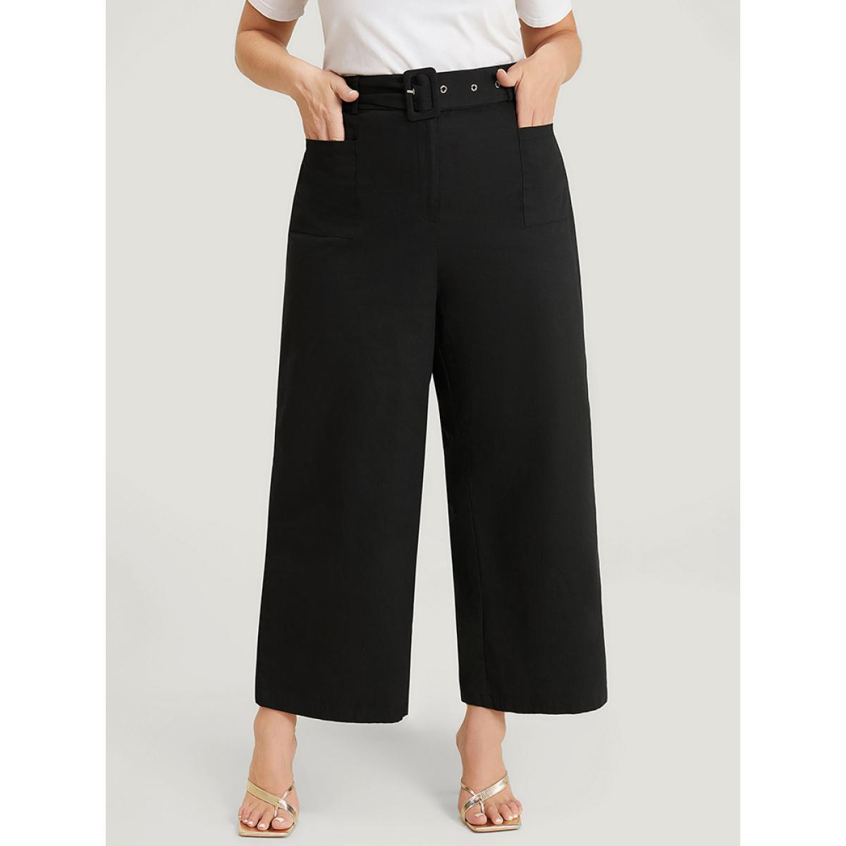 Plus Size Solid Pocket Eyelet Detail Buckle Belted Pants Women Black Office Wide Leg High Rise Dailywear Pants BloomChic 22-24/3X Product Image