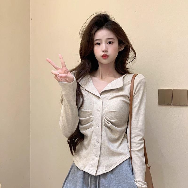 Split Neck Plain Ruched Button-Up Cardigan Product Image