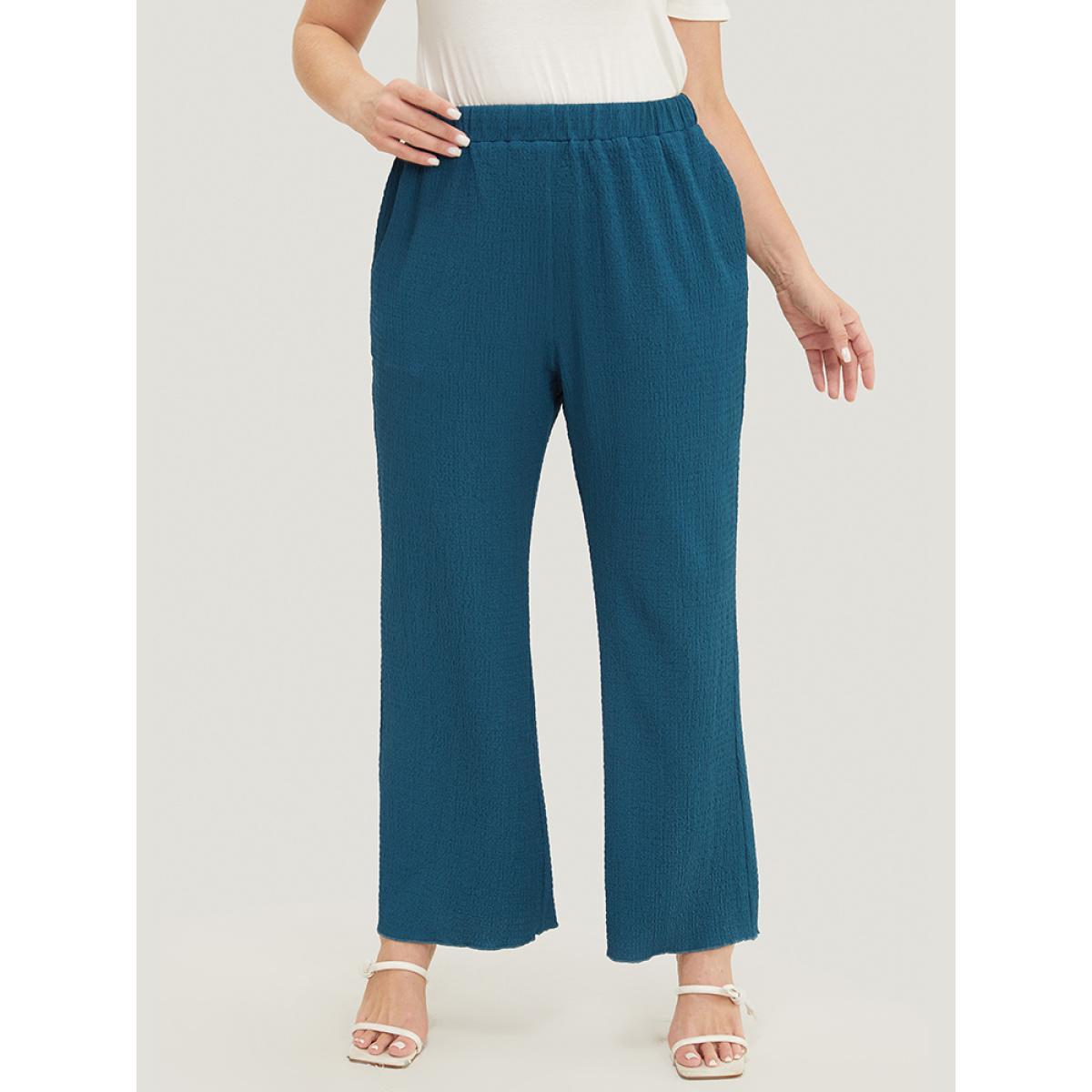 Plus Size Solid Textured Elastic Waist Pocket Bootcut Pants Women Aegean Casual Mid Rise Dailywear Pants BloomChic 30/6X Product Image