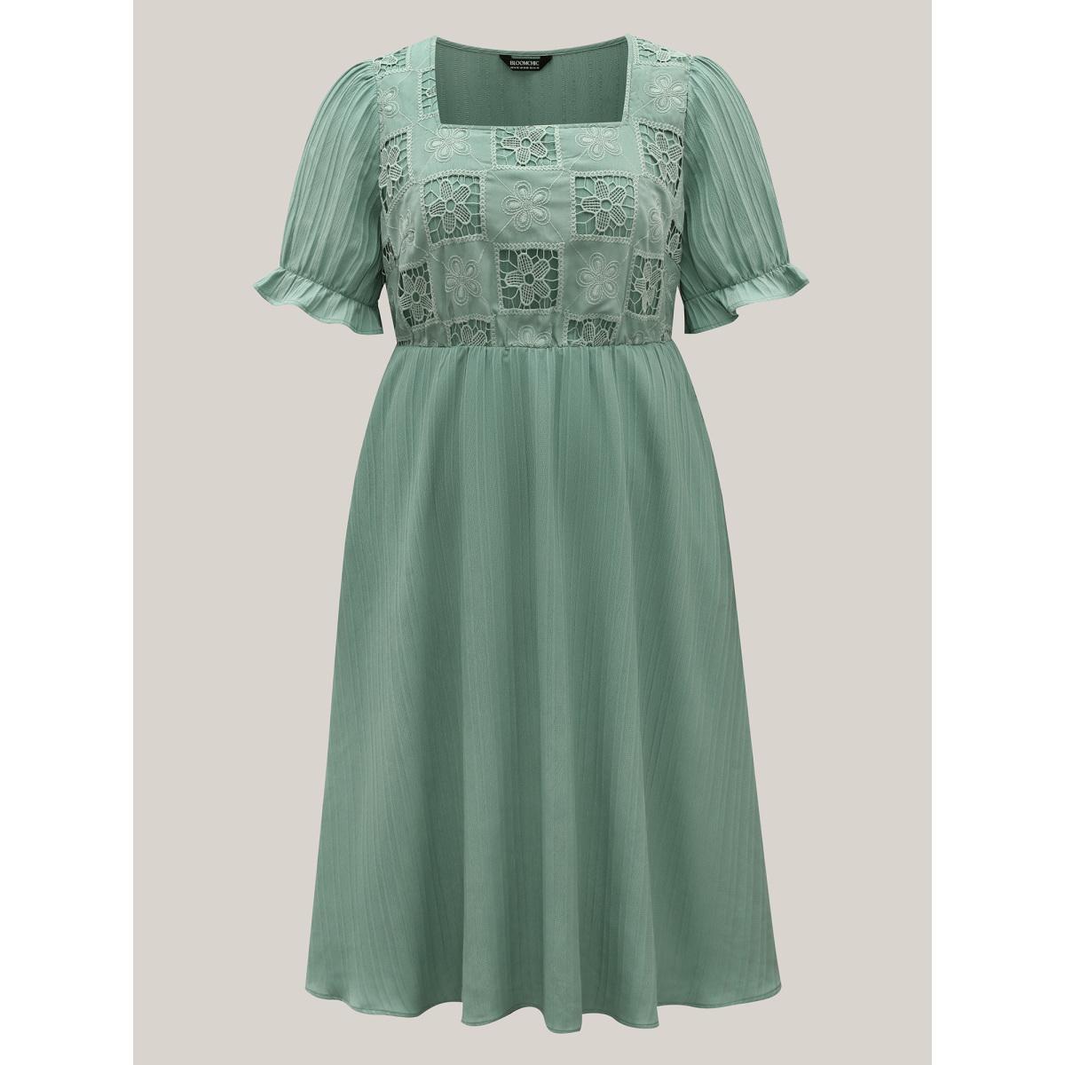 Plus Size Lace Cut-Out Pockets Midi Dress Aquamarine Women Square Neck Short sleeve Curvy BloomChic 22-24/3X Product Image