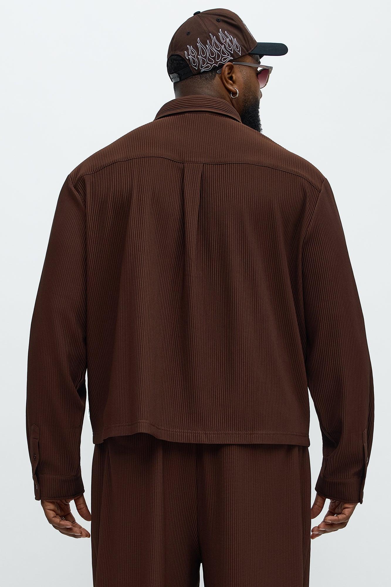 Show Up Cropped Long Sleeve Button Up Shirt - Brown Product Image
