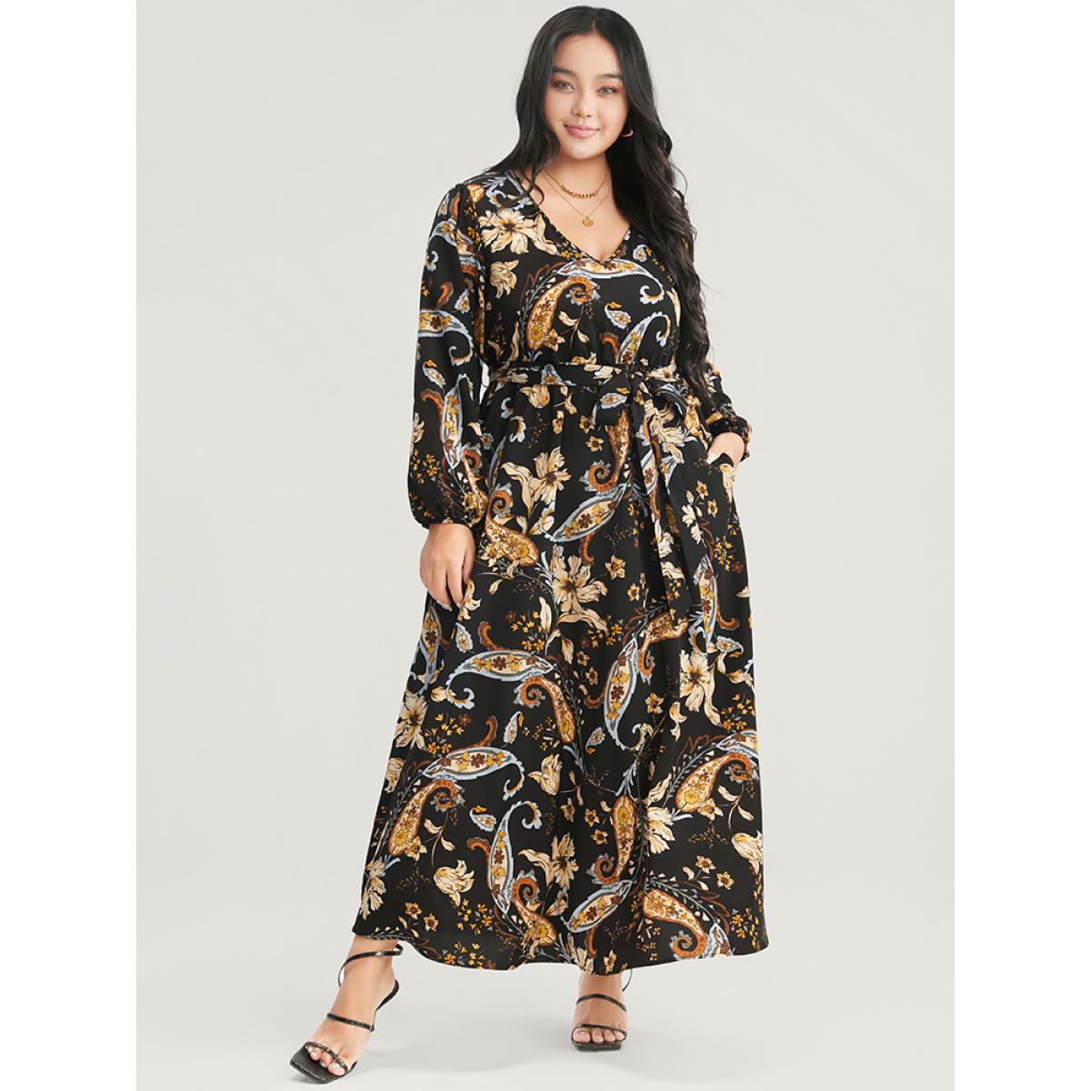 Plus Size Floral Pocket Lantern Sleeve V Neck Belted Maxi Dress Black Women Elegant Belted V-neck Long Sleeve Curvy Long Dress BloomChic 18-20/2X Product Image