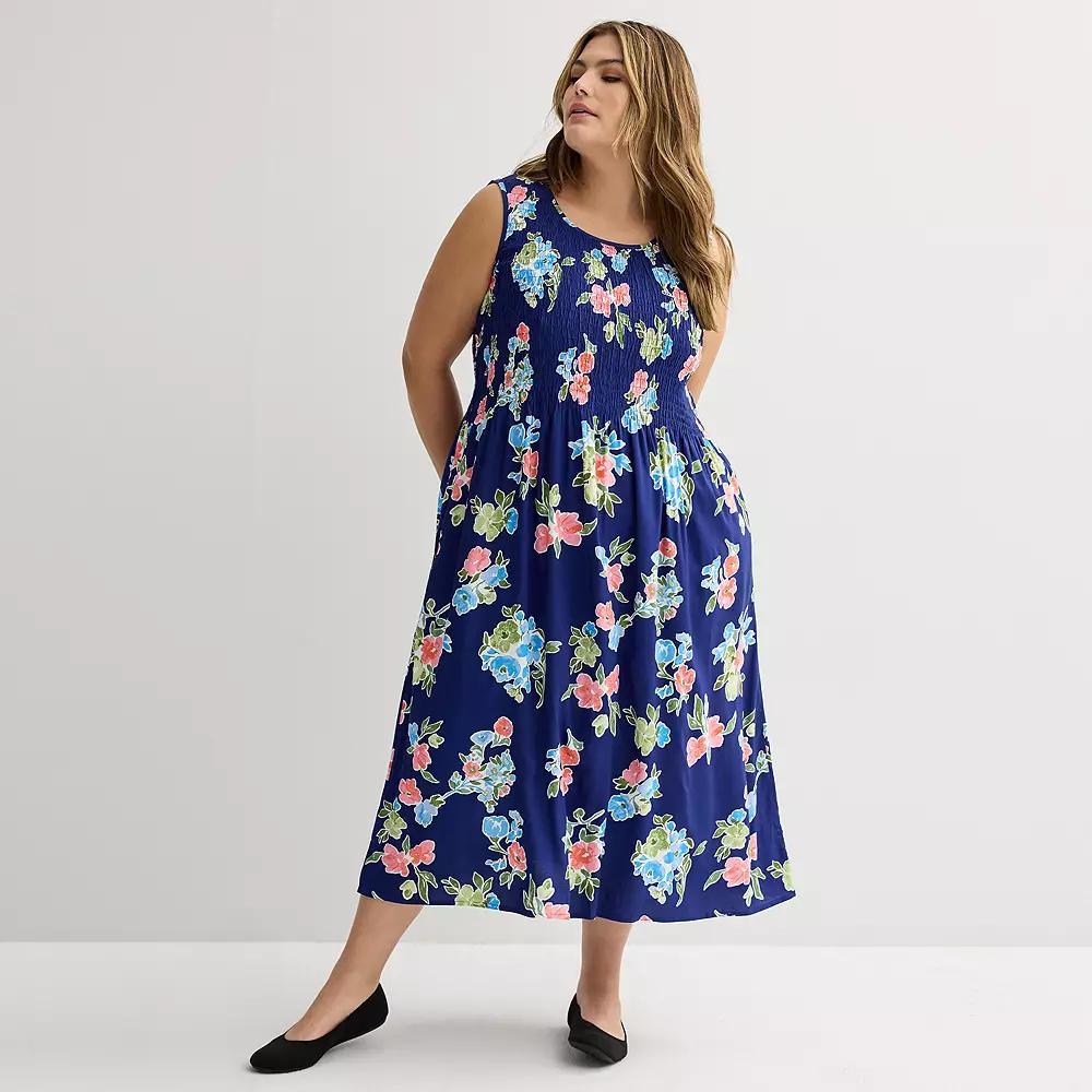 Plus Size Croft & Barrow® Smocked Midi Dress, Women's, Size: 5XL, Blue Floral Wash Product Image