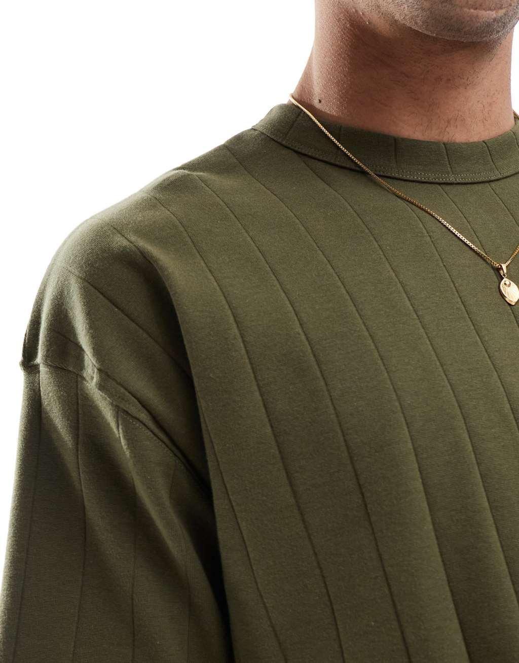 ASOS DESIGN oversized boxy textured rib t-shirt in khaki Product Image